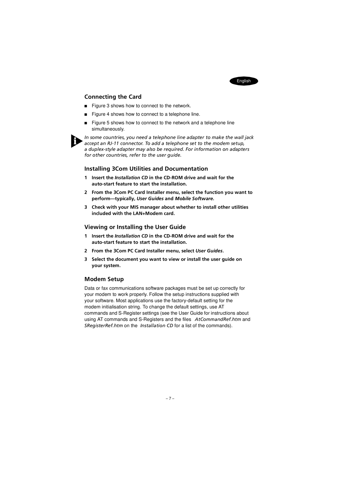 3Com FEM656C Connecting the Card, Installing 3Com Utilities and Documentation, Viewing or Installing the User Guide 