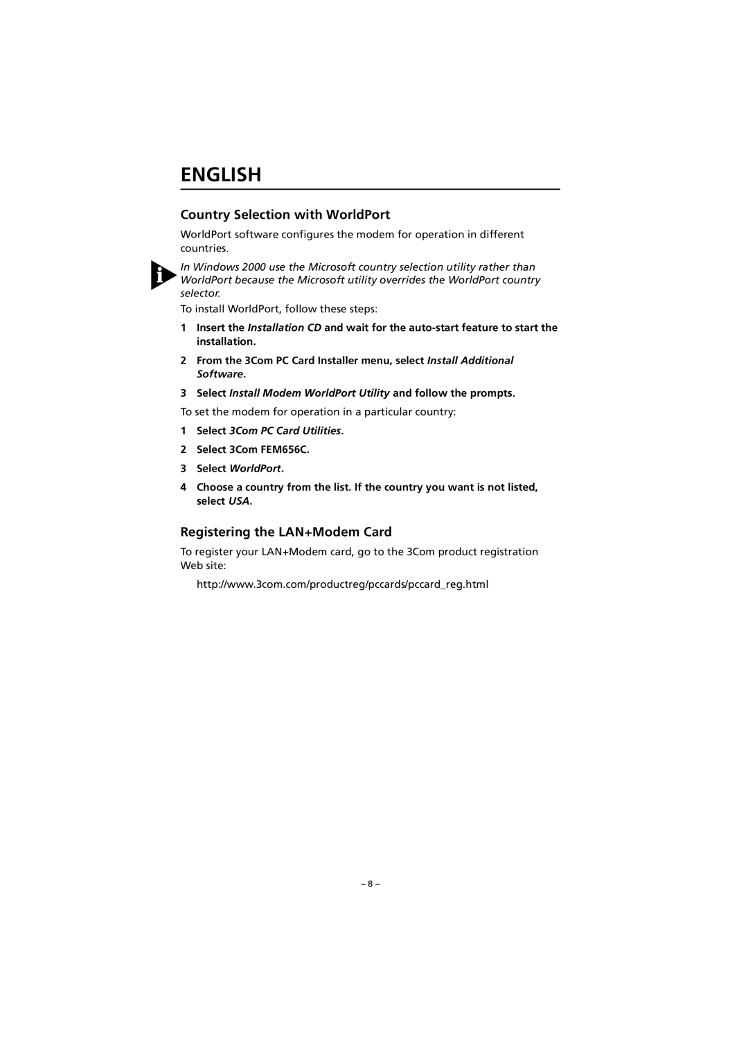 3Com FEM656C quick start Country Selection with WorldPort, Registering the LAN+Modem Card, Select 3Com PC Card Utilities 