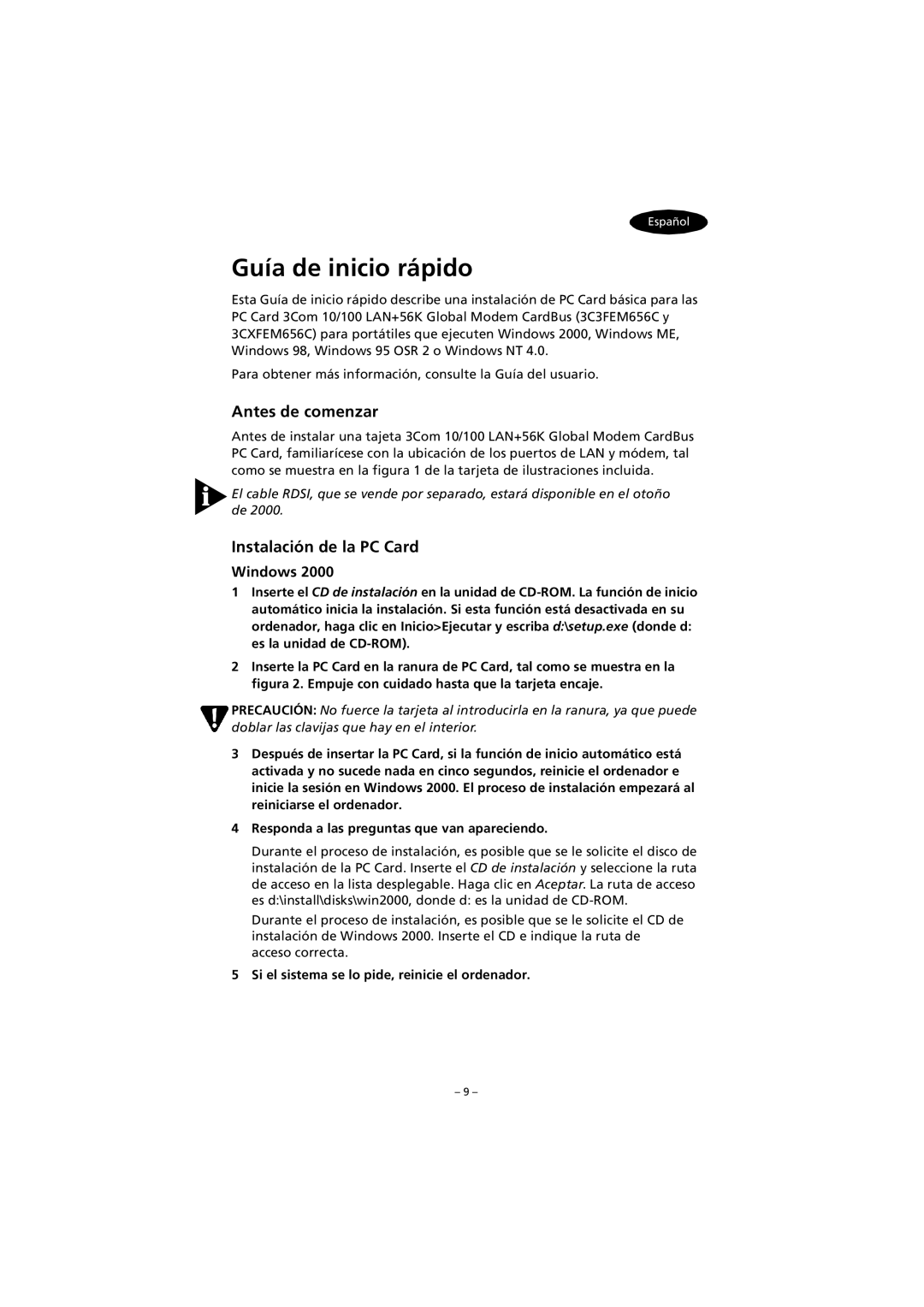 3Com FEM656C quick start Guía de inicio rápido, Antes de comenzar, Instalación de la PC Card 