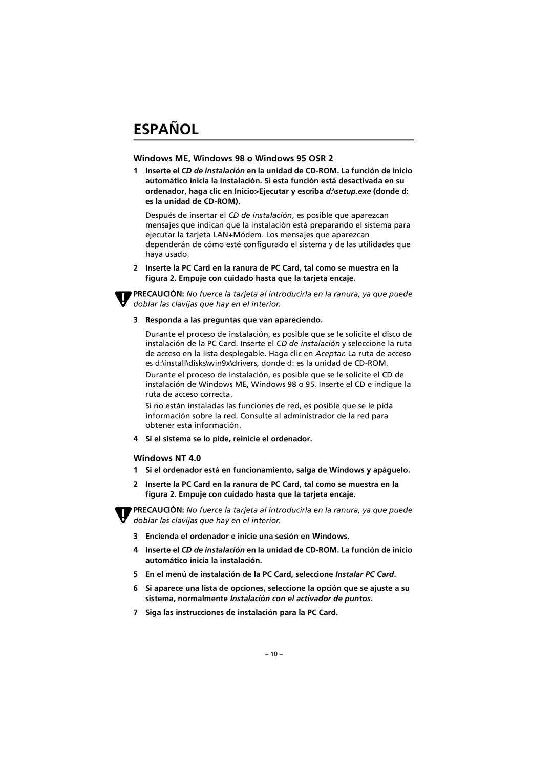 3Com FEM656C Español, Windows ME, Windows 98 o Windows 95 OSR, Siga las instrucciones de instalación para la PC Card 