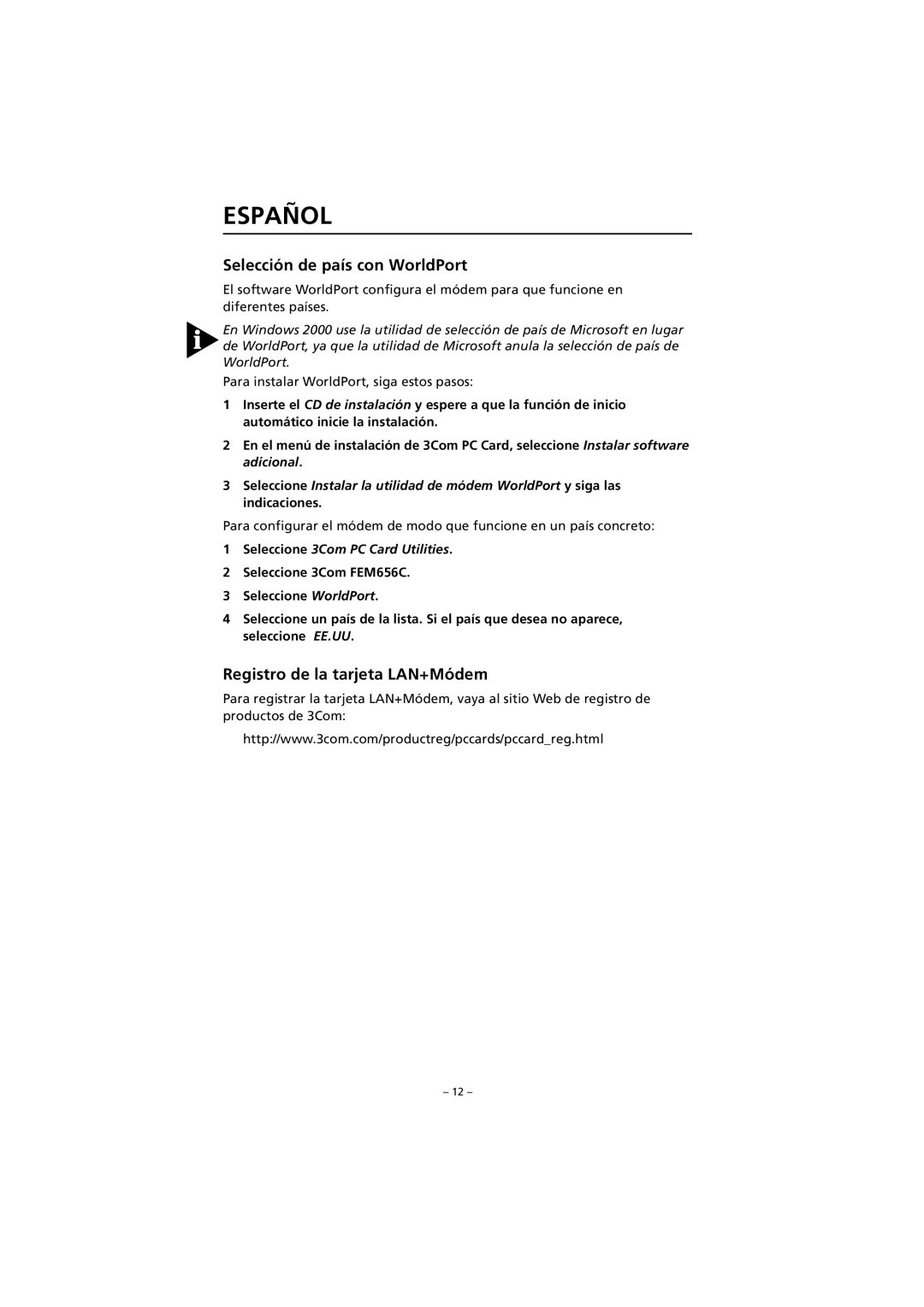 3Com FEM656C Selección de país con WorldPort, Registro de la tarjeta LAN+Módem, Seleccione 3Com PC Card Utilities 