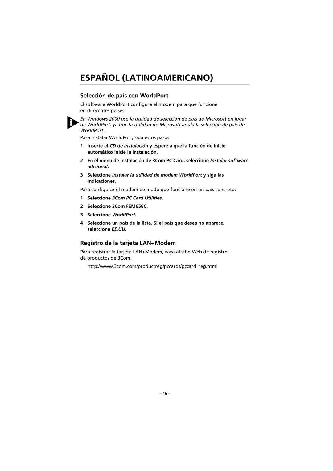 3Com FEM656C quick start Selección de país con WorldPort, Registro de la tarjeta LAN+Modem 