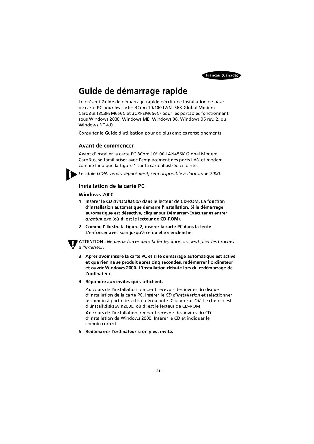 3Com FEM656C quick start Guide de démarrage rapide, Redémarrer l’ordinateur si on y est invité 