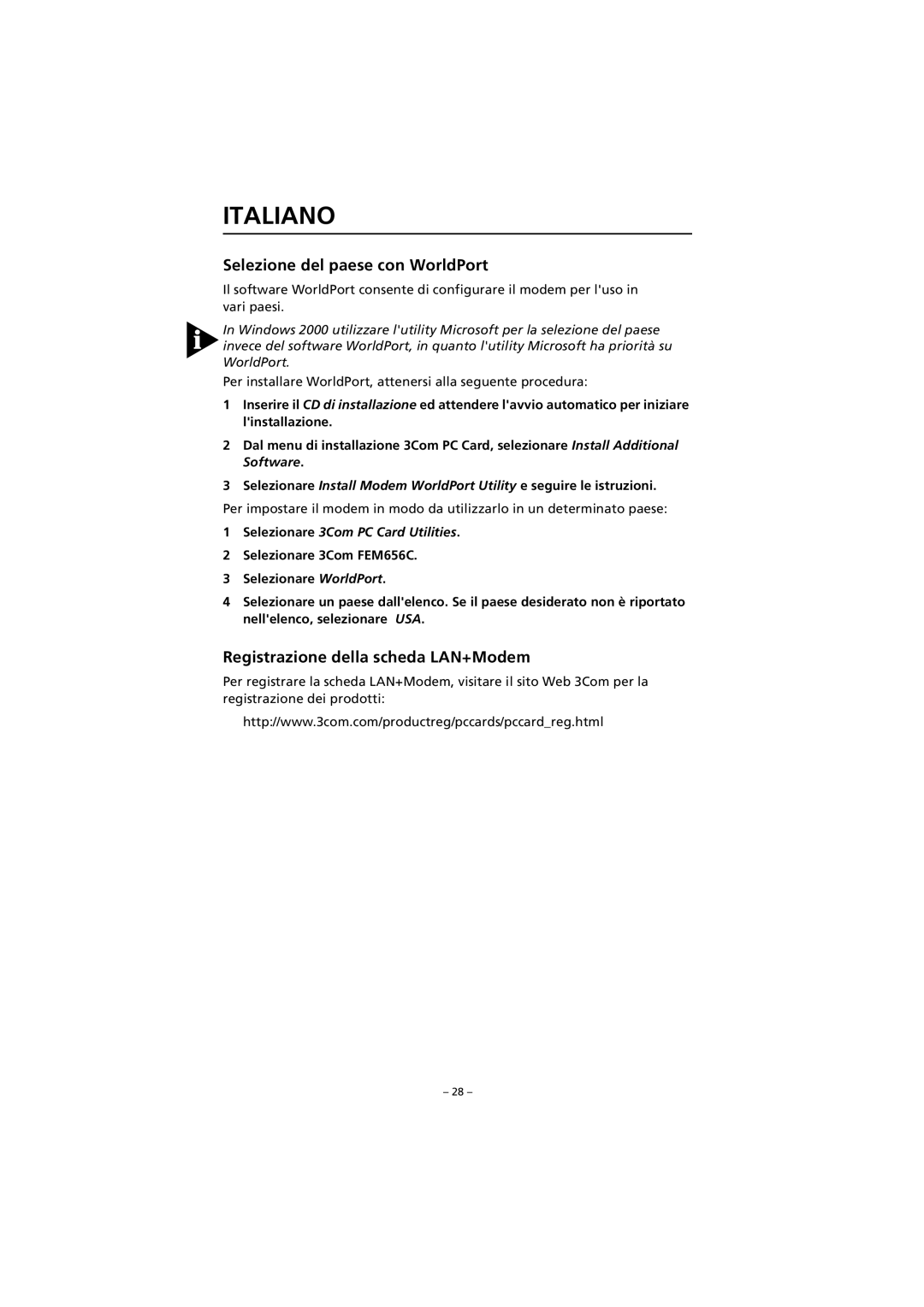 3Com FEM656C Selezione del paese con WorldPort, Registrazione della scheda LAN+Modem, Selezionare 3Com PC Card Utilities 