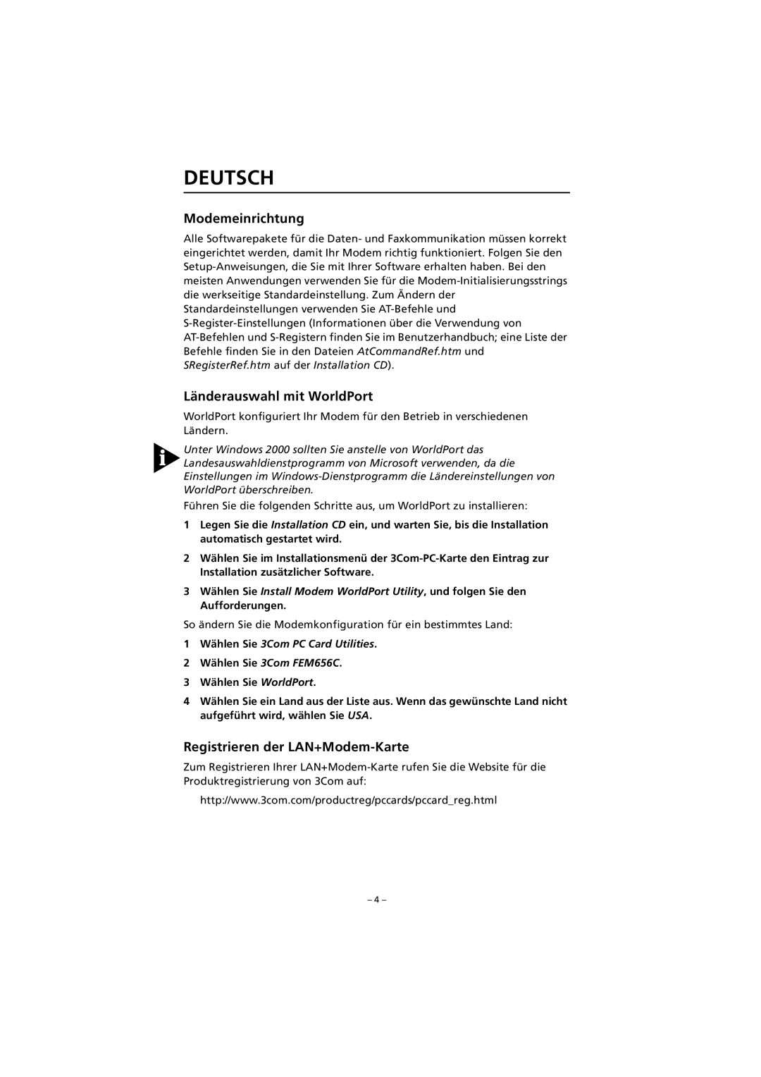 3Com FEM656C quick start Modemeinrichtung, Länderauswahl mit WorldPort, Registrieren der LAN+Modem-Karte 