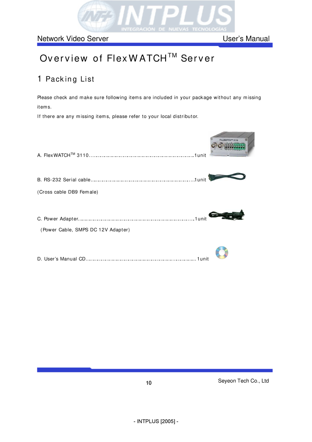 3Com FlexWATCH 3110 user manual Overview of FlexWATCHTM Server, Packing List 