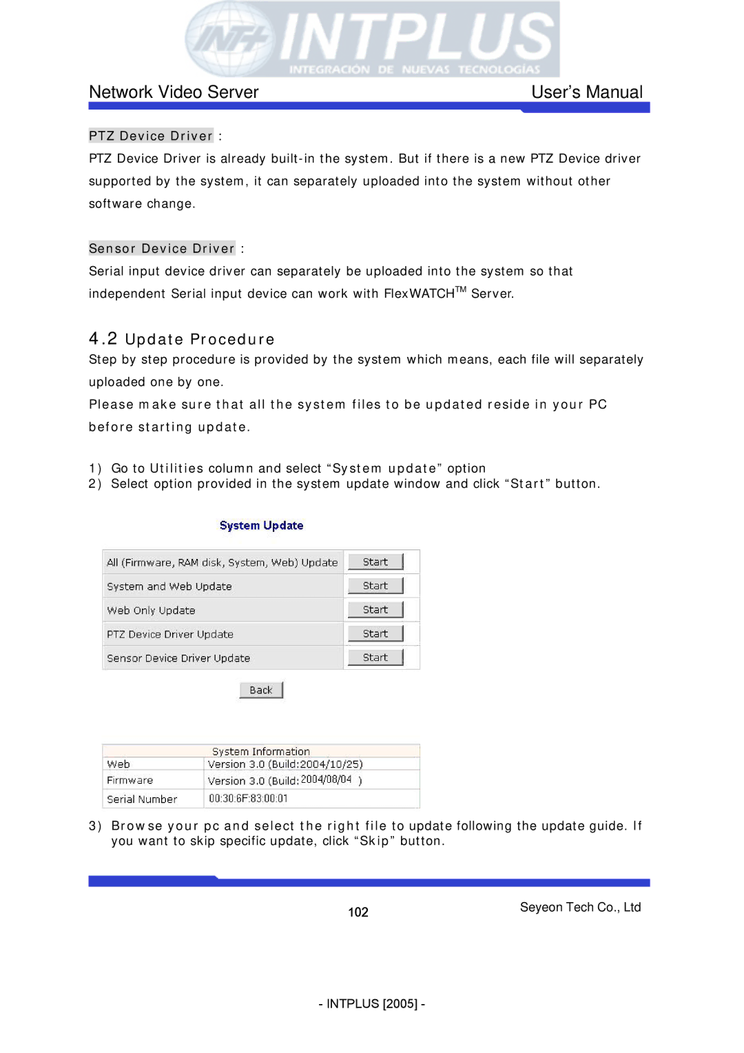 3Com FlexWATCH 3110 user manual Update Procedure, PTZ Device Driver, Sensor Device Driver 