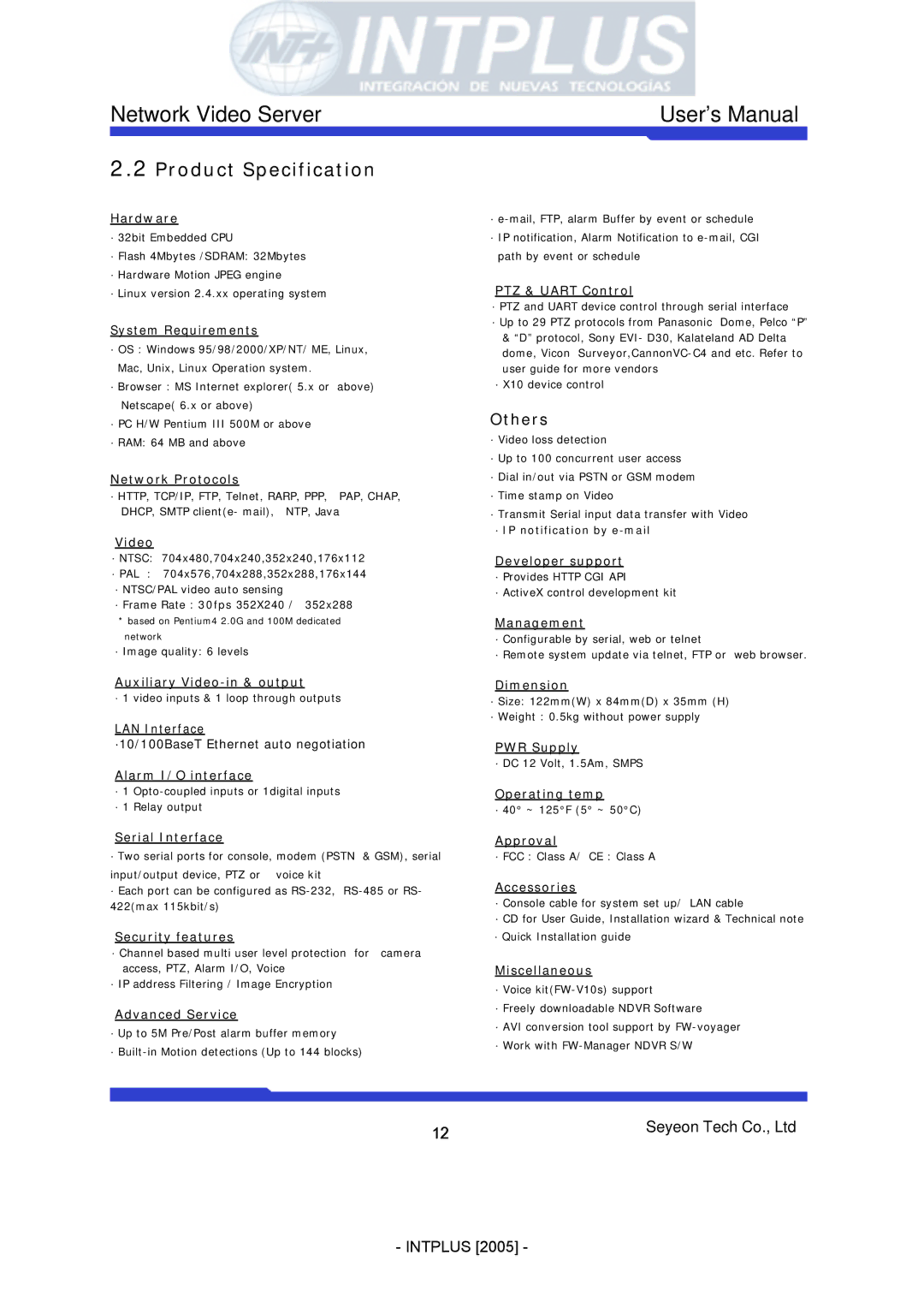 3Com FlexWATCH 3110 user manual Product Specification, Others 