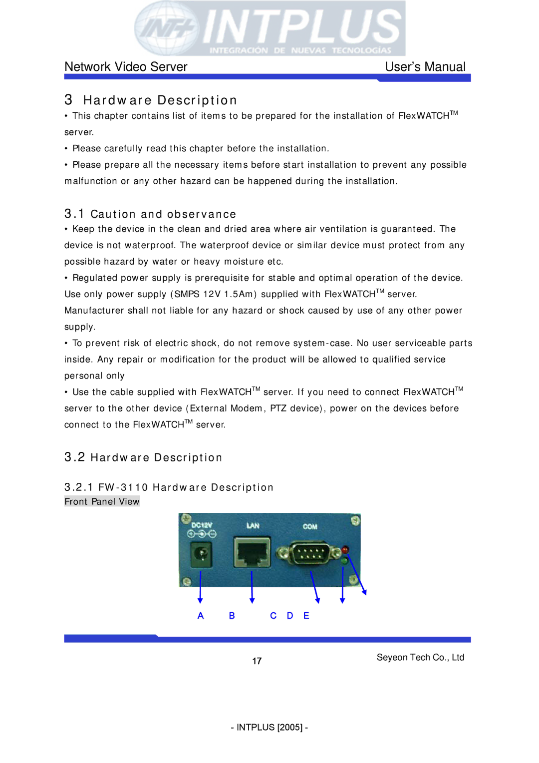 3Com FlexWATCH 3110 user manual 1 FW-3110 Hardware Description 