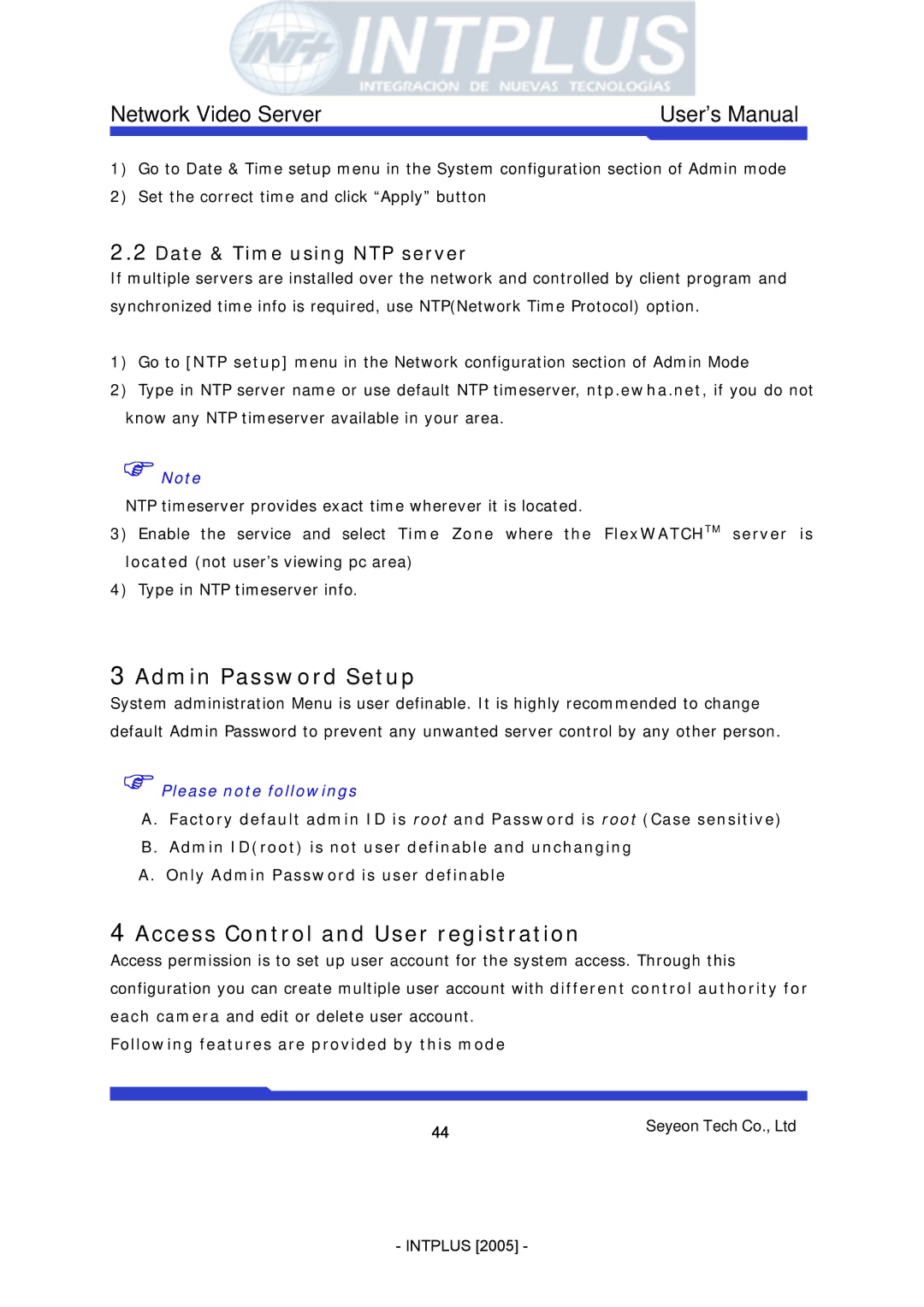 3Com FlexWATCH 3110 user manual Admin Password Setup, Access Control and User registration, Date & Time using NTP server 