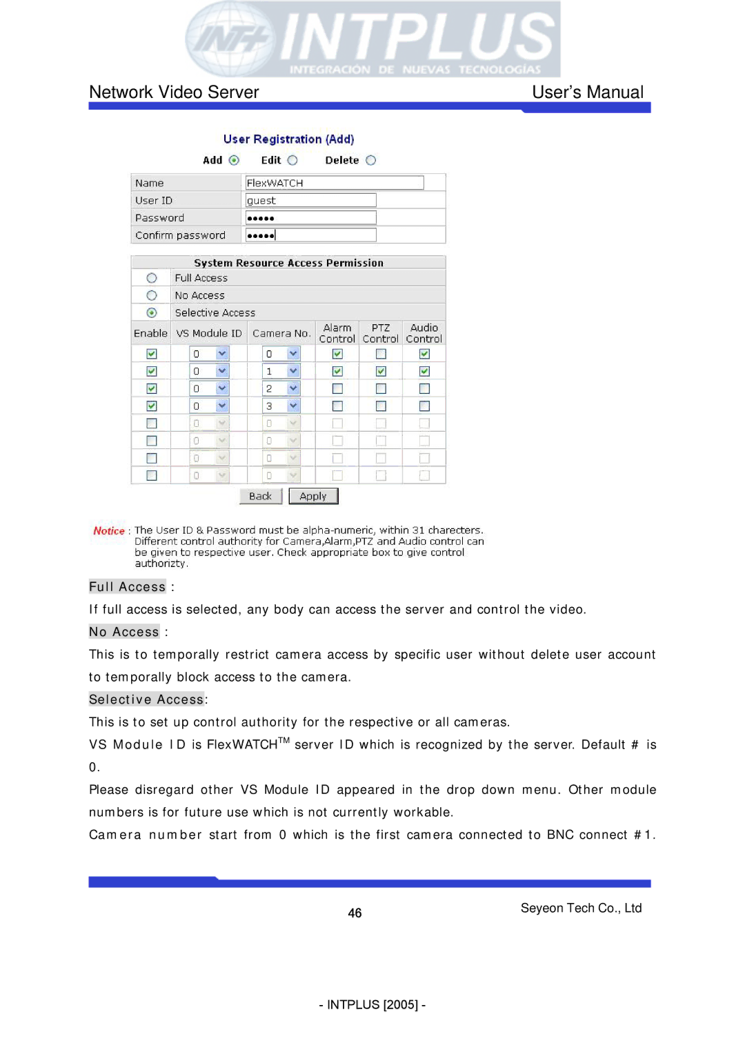 3Com FlexWATCH 3110 user manual Full Access, Selective Access 