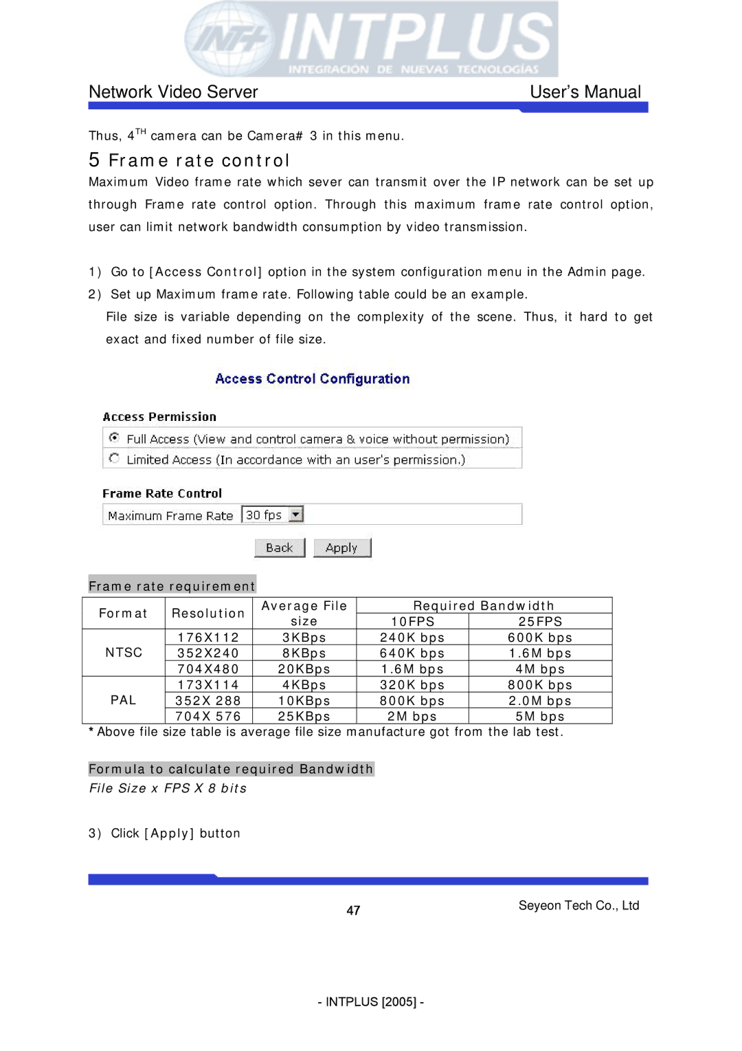 3Com FlexWATCH 3110 user manual Frame rate control, 352X 10KBps 800K bps 0M bps 704X 25KBps 2M bps 5M bps 