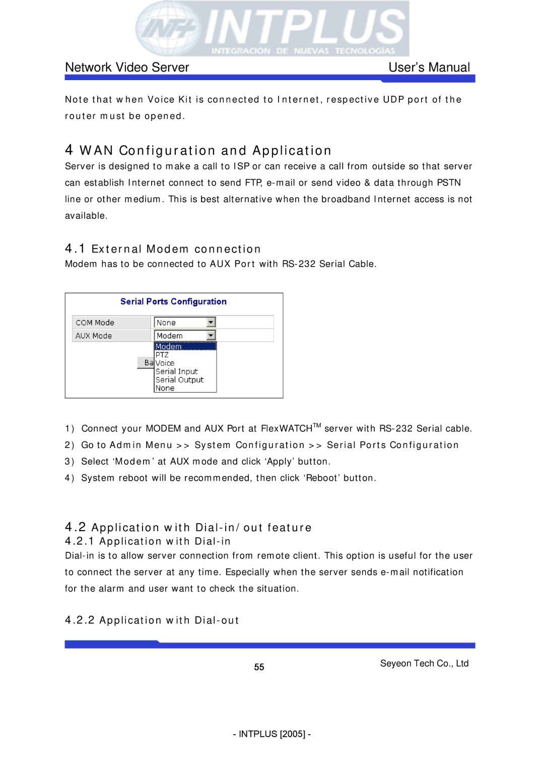 3Com FlexWATCH 3110 user manual WAN Configuration and Application, External Modem connection, Application with Dial-out 