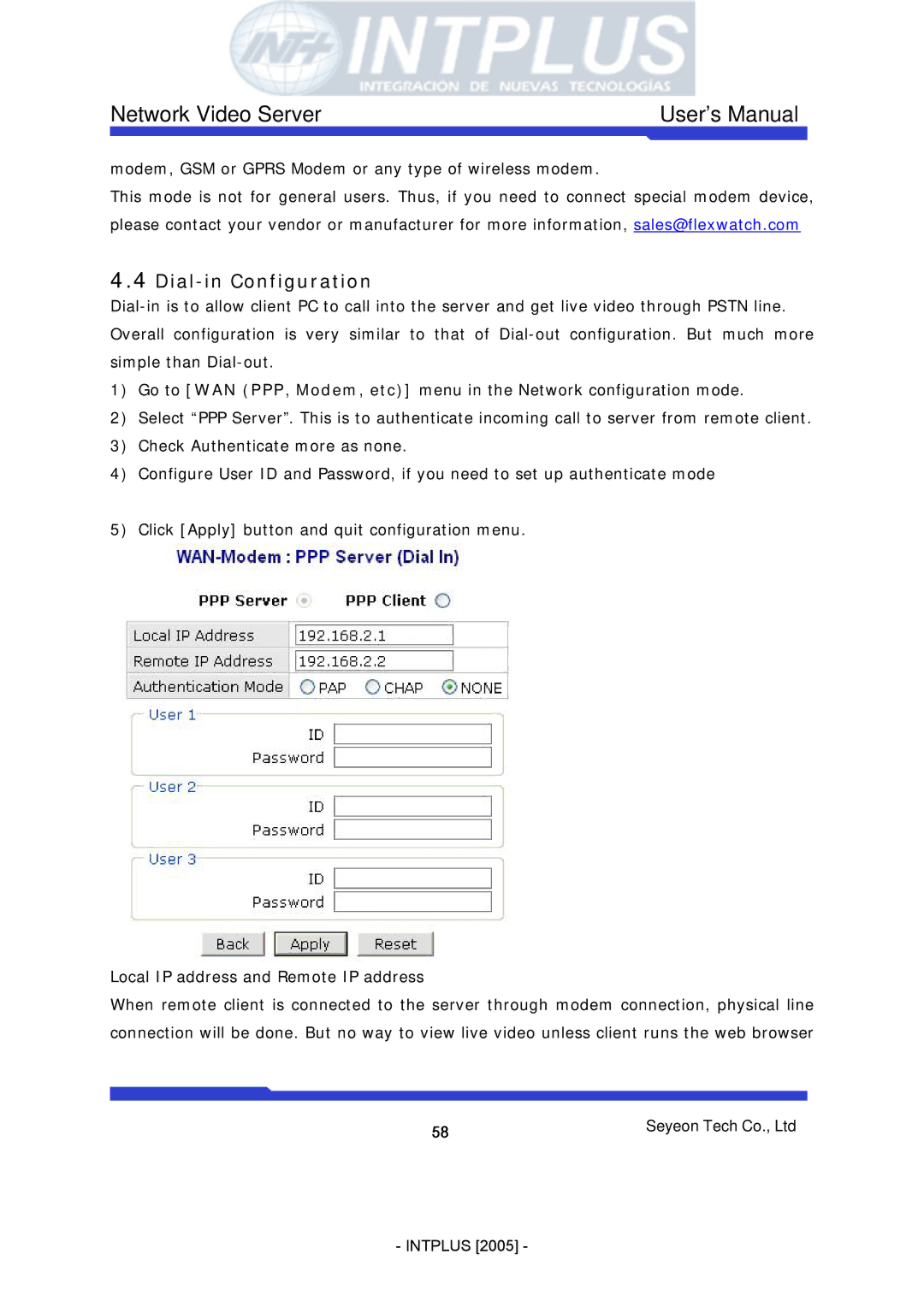 3Com FlexWATCH 3110 user manual Dial-in Configuration 