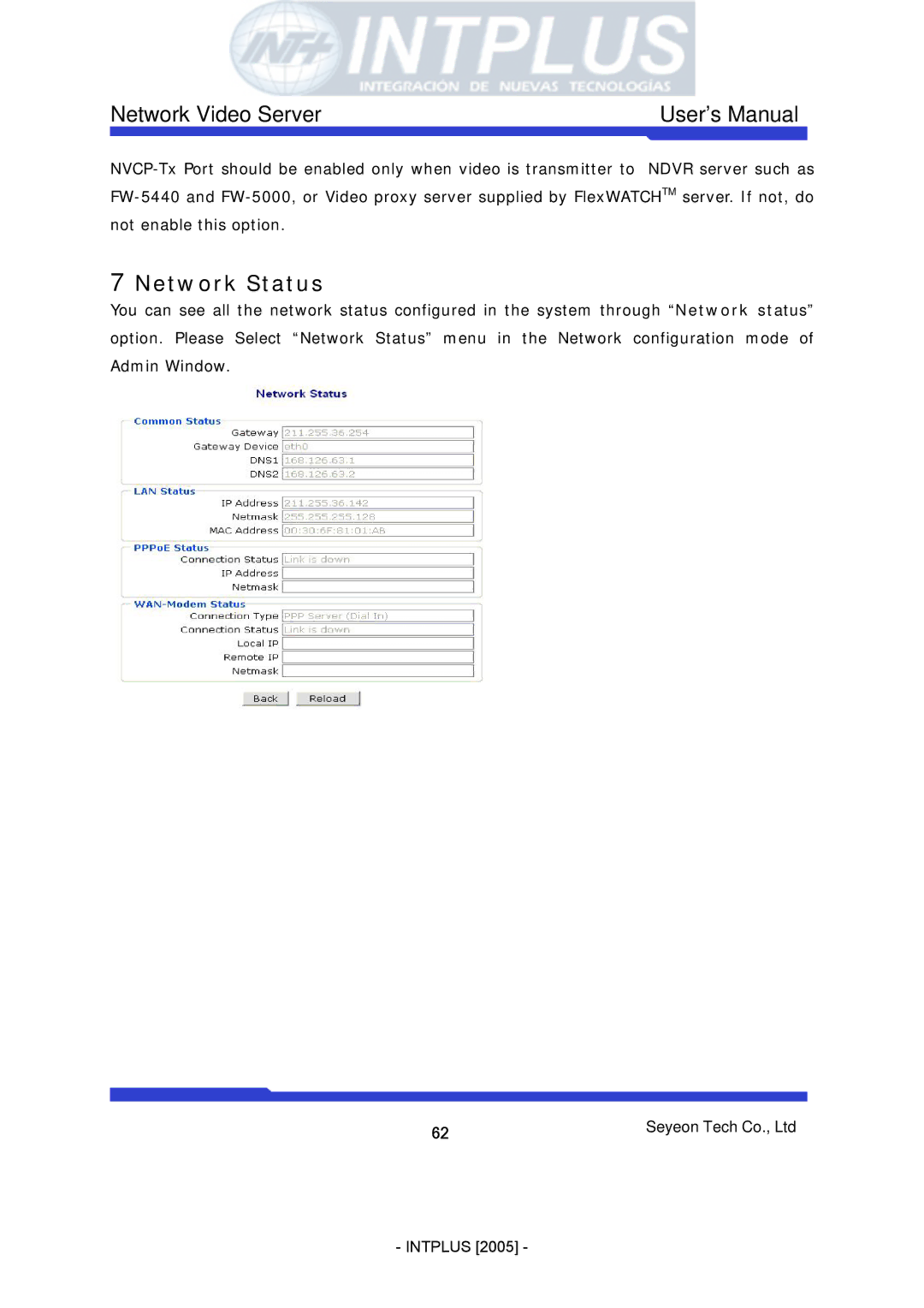 3Com FlexWATCH 3110 user manual Network Status 