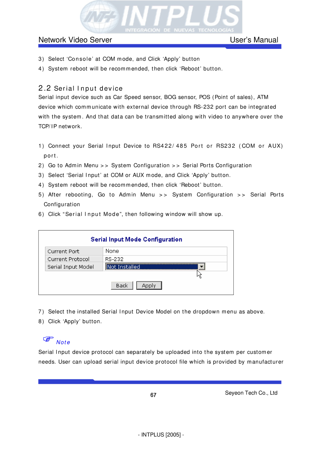 3Com FlexWATCH 3110 user manual Serial Input device 