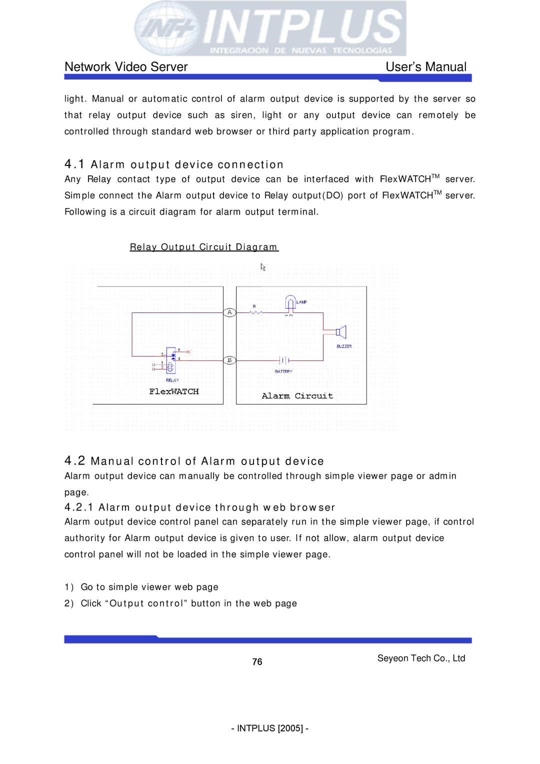 3Com FlexWATCH 3110 Alarm output device connection, Manual control of Alarm output device, Relay Output Circuit Diagram 