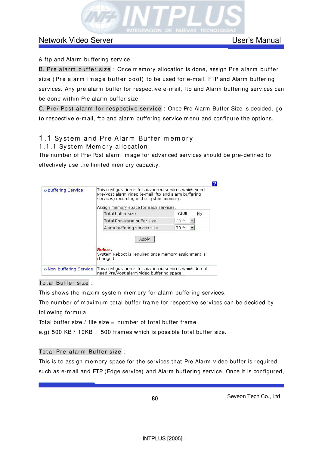 3Com FlexWATCH 3110 user manual Total Buffer size, Total Pre-alarm Buffer size 