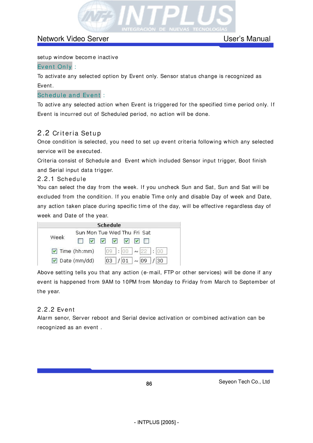 3Com FlexWATCH 3110 user manual Criteria Setup, Schedule, Event 