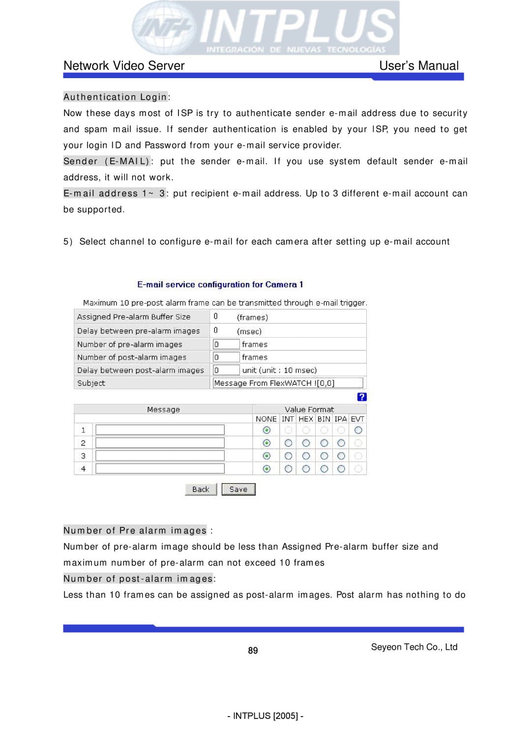 3Com FlexWATCH 3110 user manual Authentication Login, Number of Pre alarm images, Number of post-alarm images 