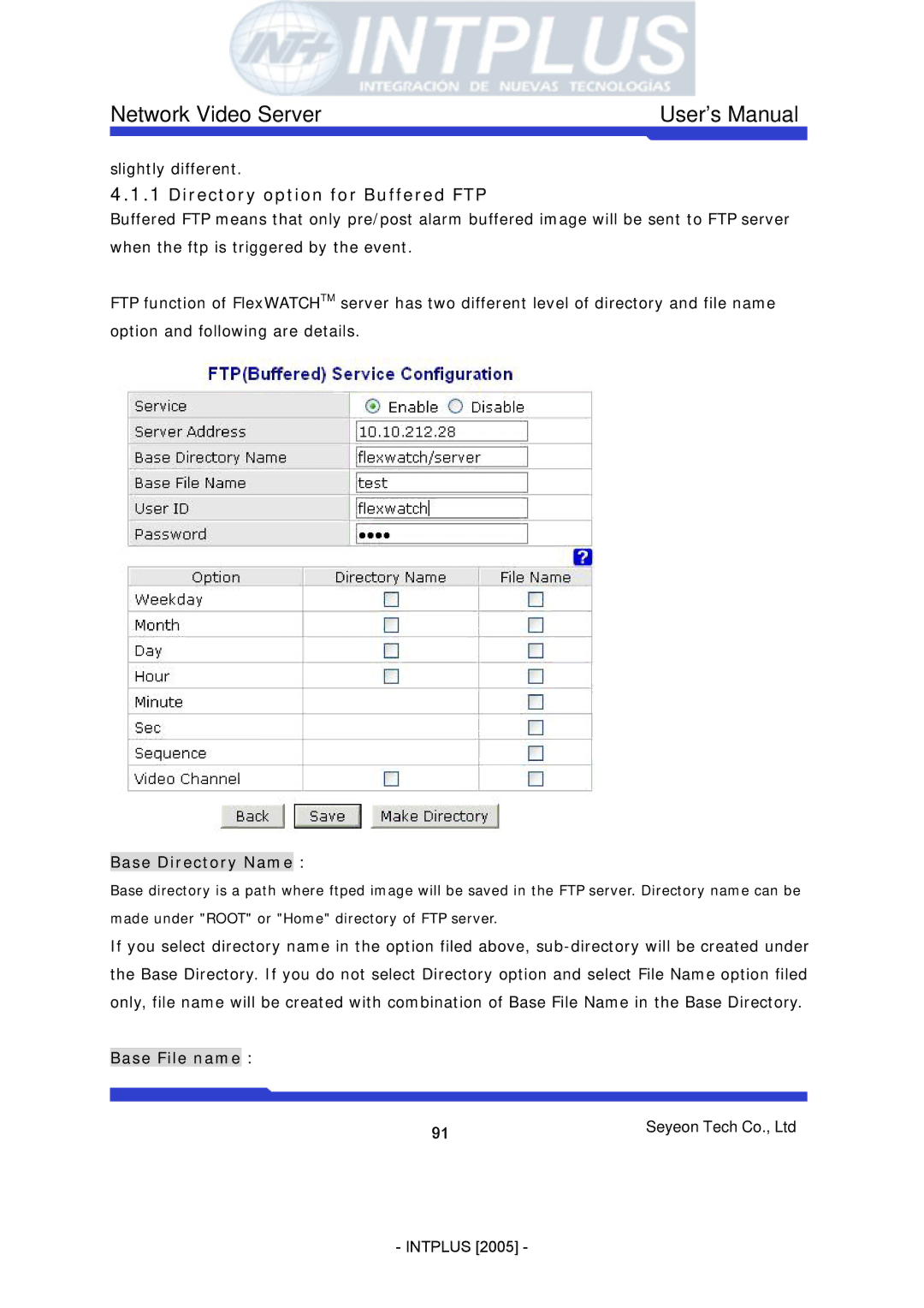 3Com FlexWATCH 3110 user manual Directory option for Buffered FTP, Base Directory Name, Base File name 