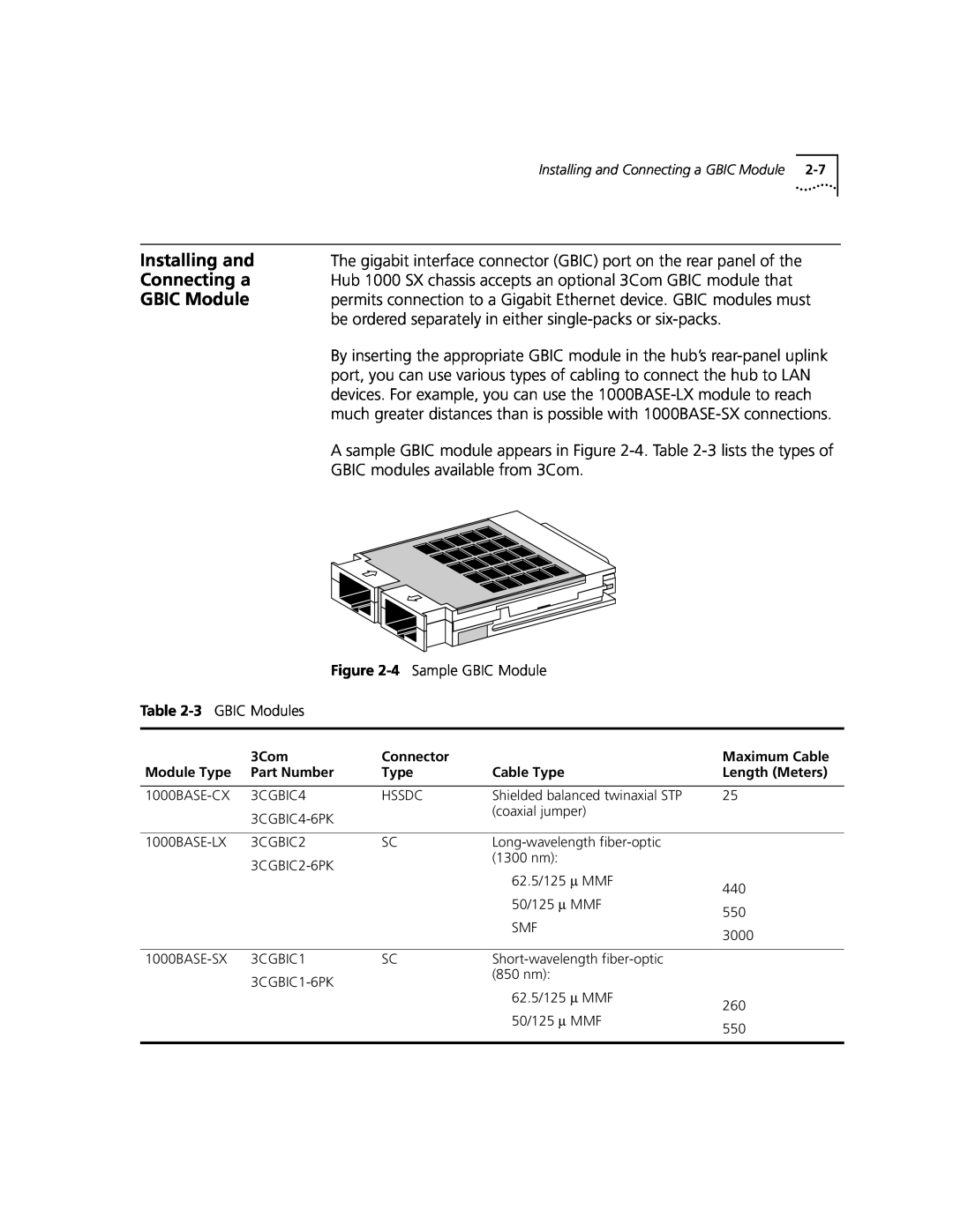 3Com Hub 1000 SX manual Connecting a, GBIC Module, Installing and 