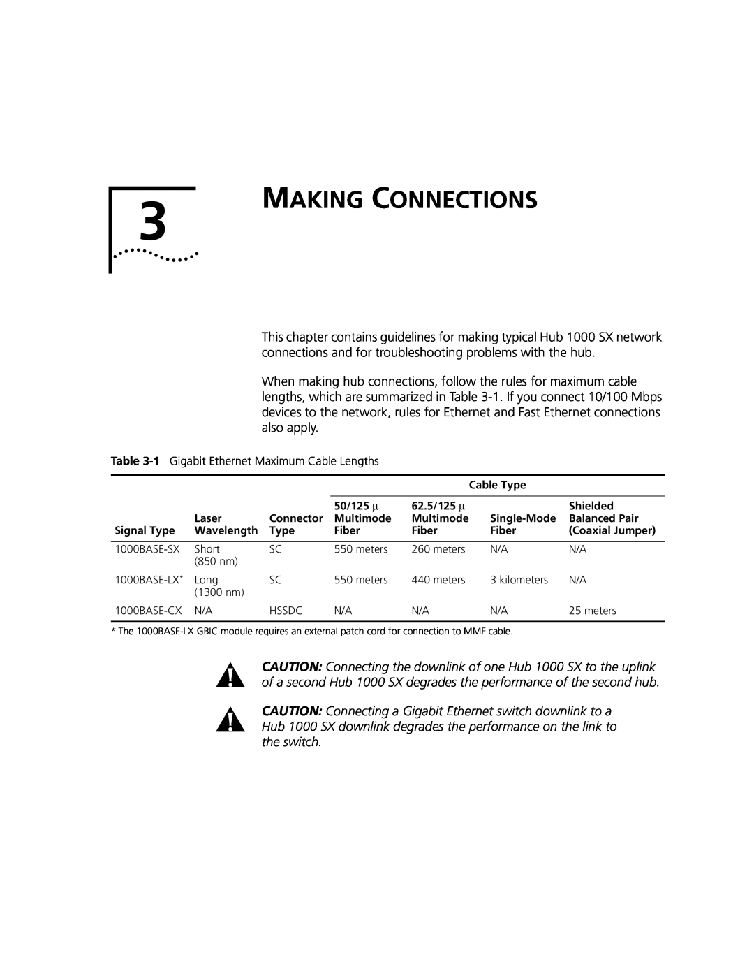 3Com Hub 1000 SX manual Making Connections, 1 Gigabit Ethernet Maximum Cable Lengths 