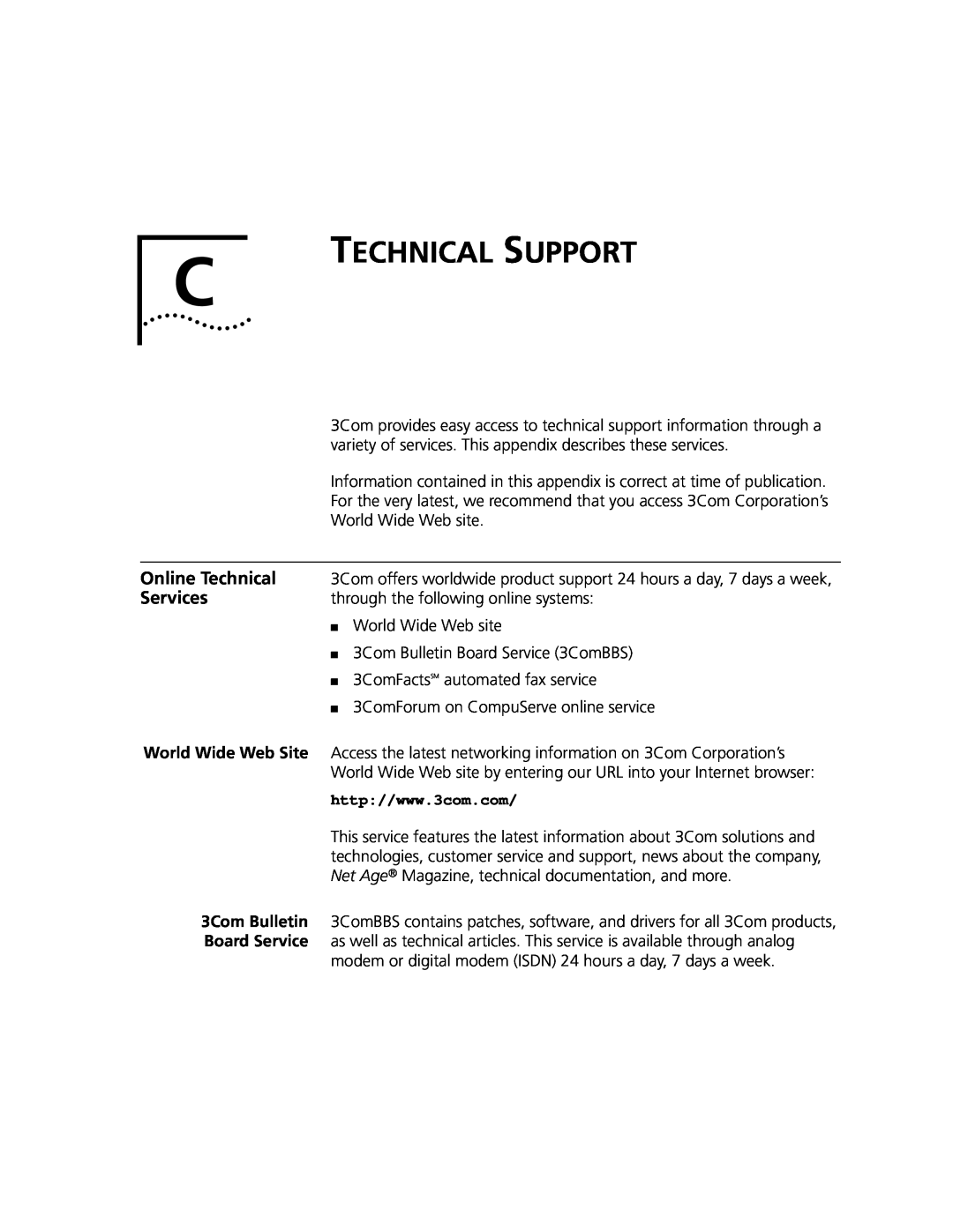 3Com Hub 1000 SX manual Technical Support, Online Technical, Services, 3Com Bulletin, Board Service 