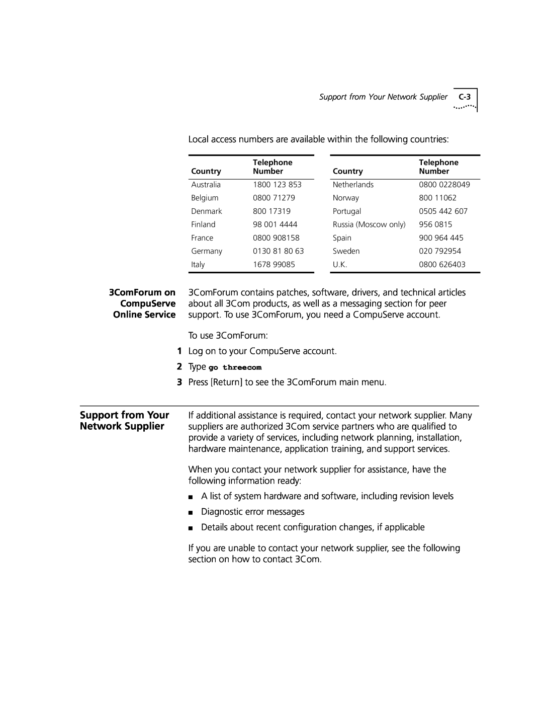 3Com Hub 1000 SX manual Local access numbers are available within the following countries 