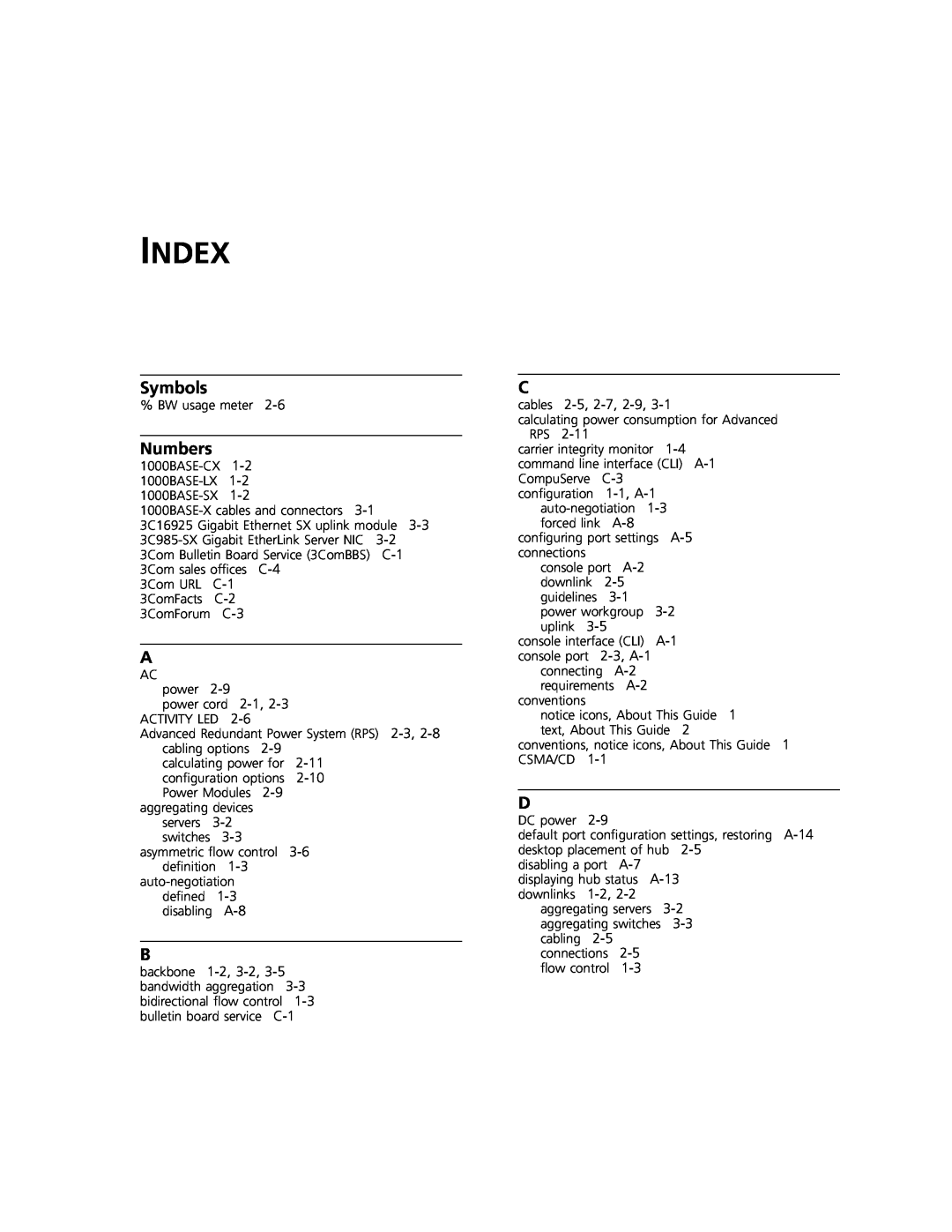 3Com Hub 1000 SX manual Index, Symbols, Numbers 