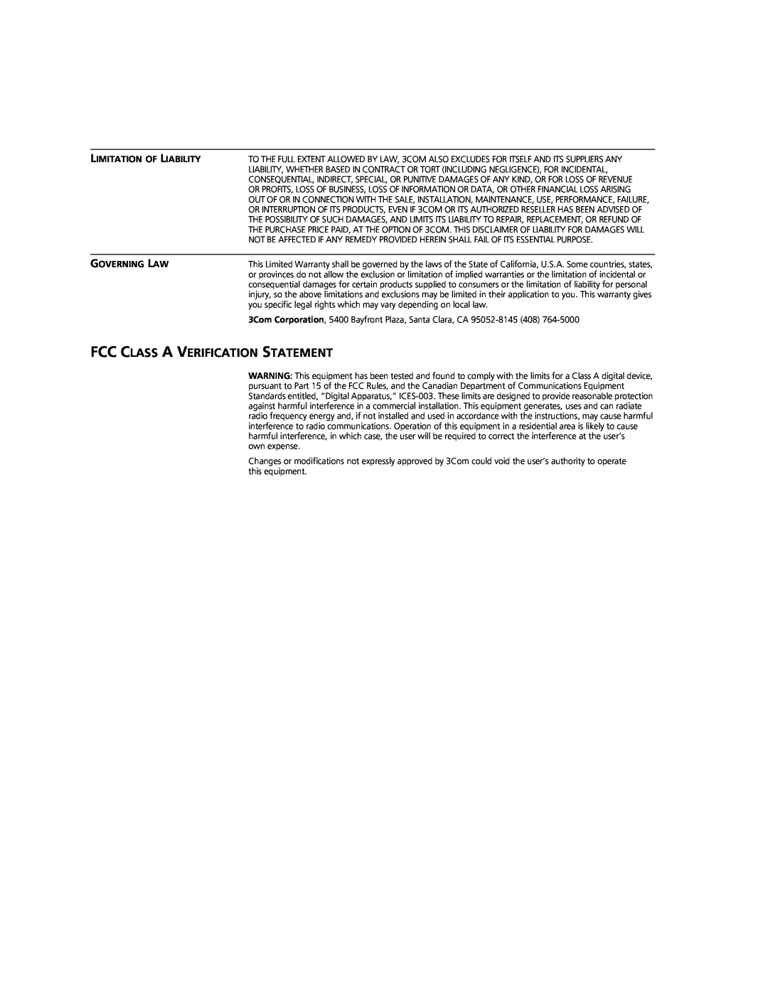 3Com Hub 1000 SX manual Fcc Class A Verification Statement, Limitation Of Liability, Governing Law 