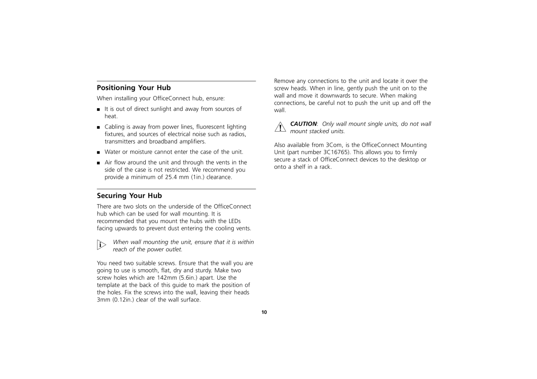 3Com manual Positioning Your Hub, Securing Your Hub 