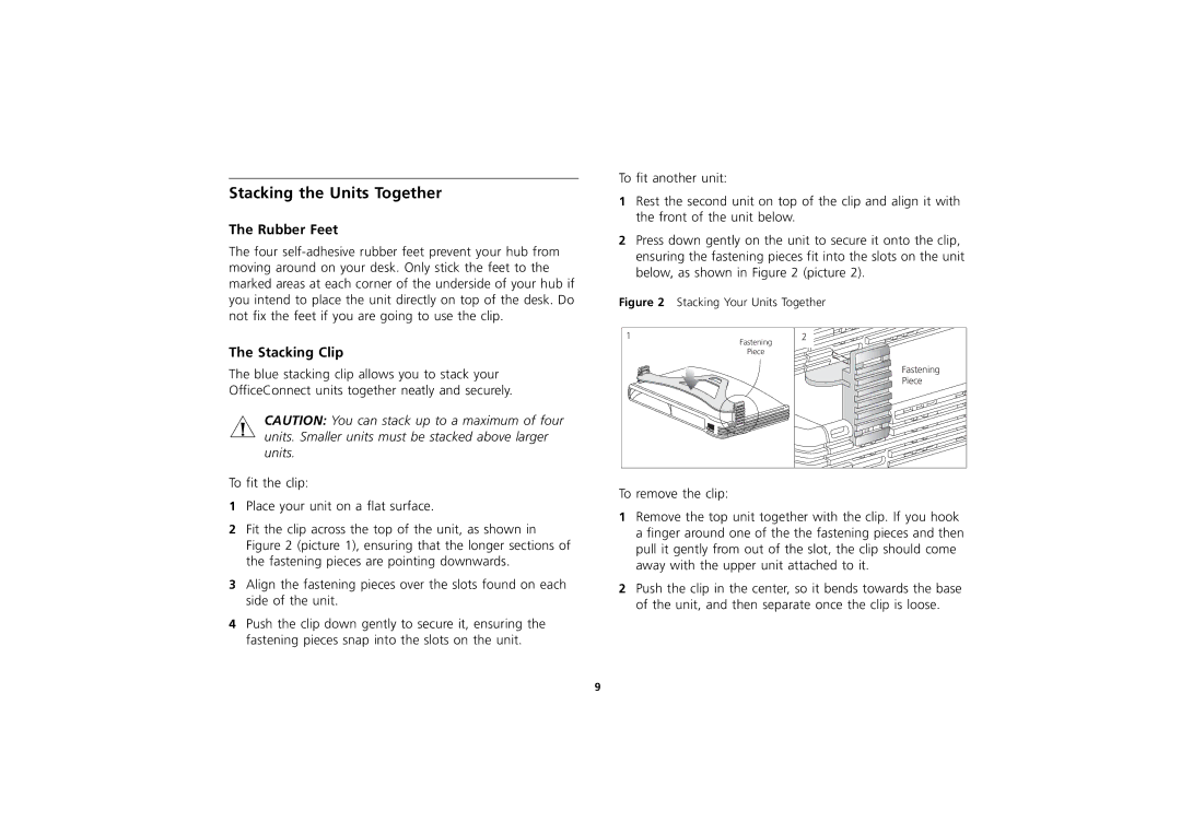 3Com Hub manual Stacking the Units Together, Rubber Feet, Stacking Clip 