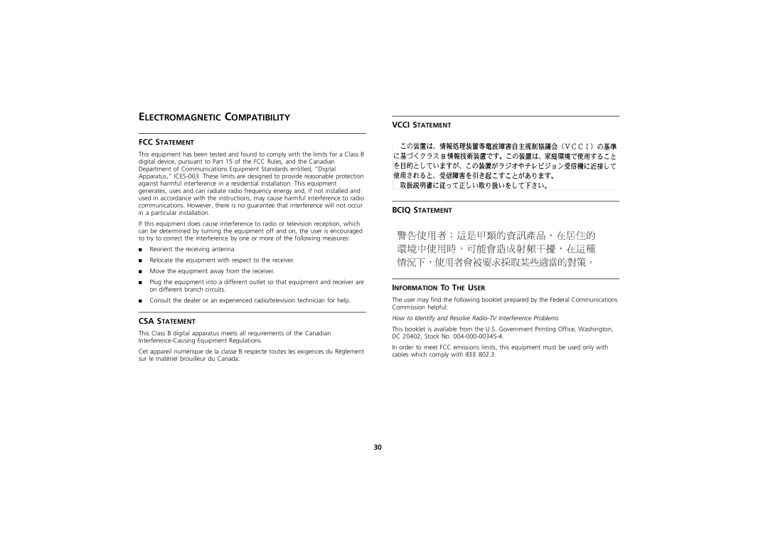 3Com Hub manual Electromagnetic Compatibility, Fcc Statement, Csa Statement 