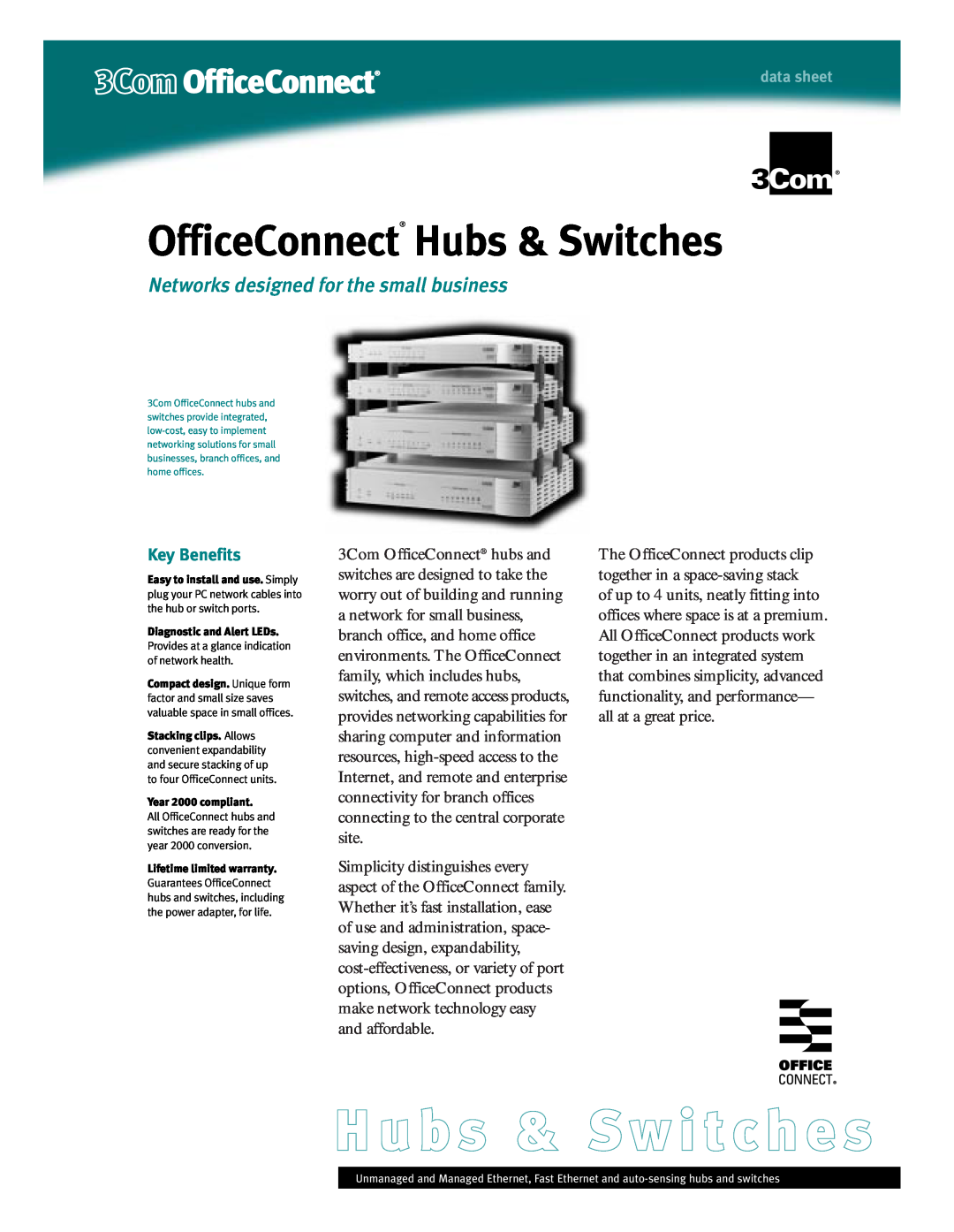 3Com Hubs and Switches warranty OfficeConnect Hubs & Switches, Networks designed for the small business, Key Benefits 