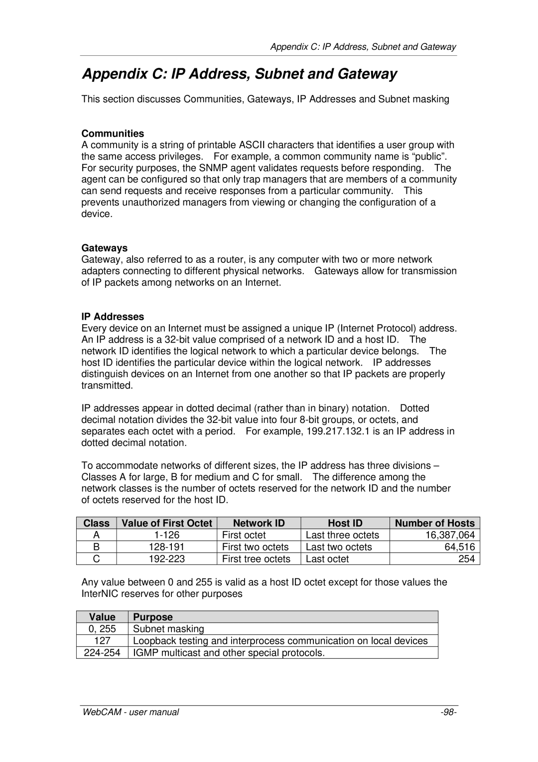 3Com iCV-03a, iCV-01a, iCV-08 user manual Appendix C IP Address, Subnet and Gateway 