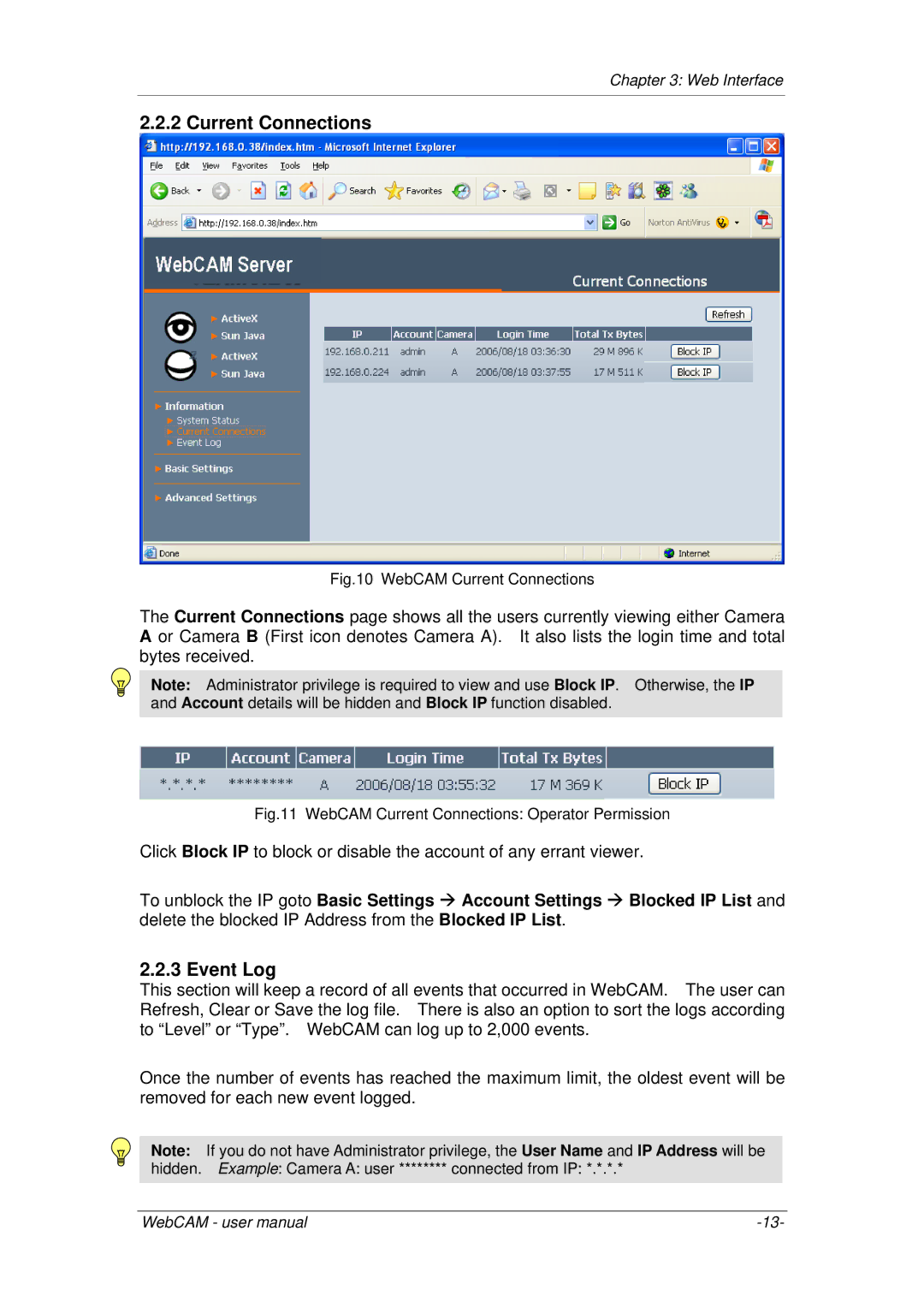 3Com iCV-08, iCV-01a, iCV-03a user manual Current Connections, Event Log 