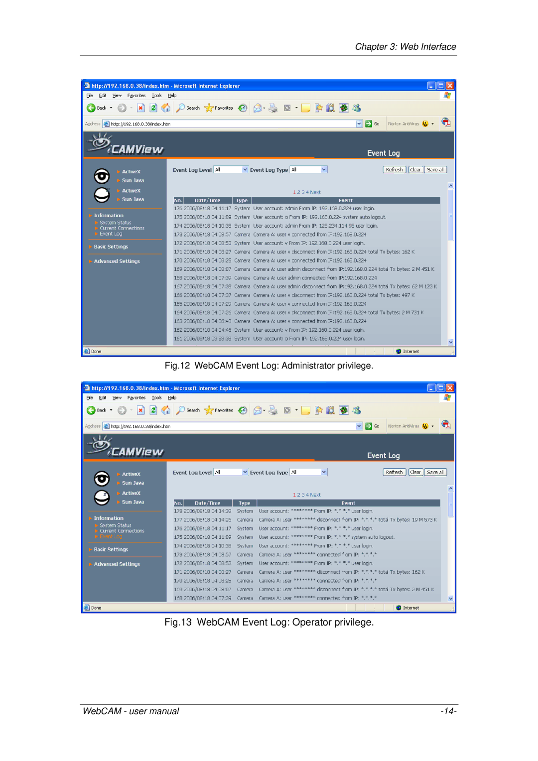 3Com iCV-03a, iCV-01a, iCV-08 user manual WebCAM Event Log Operator privilege 