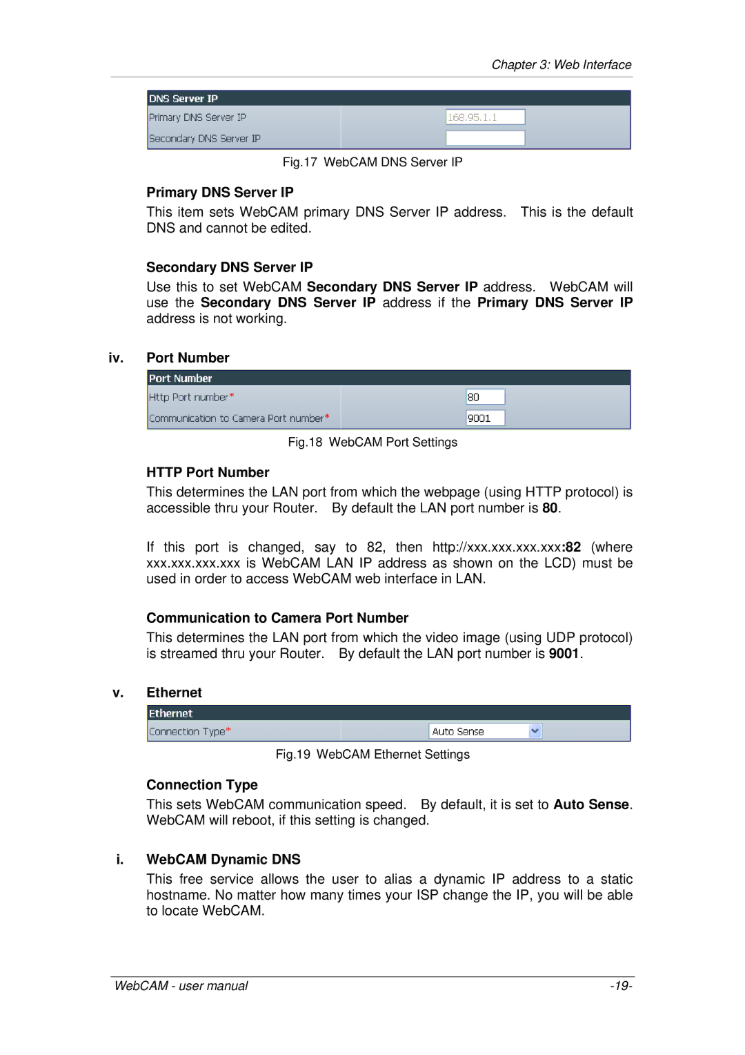 3Com iCV-08 Primary DNS Server IP, Secondary DNS Server IP, Iv. Port Number, Http Port Number, Ethernet, Connection Type 