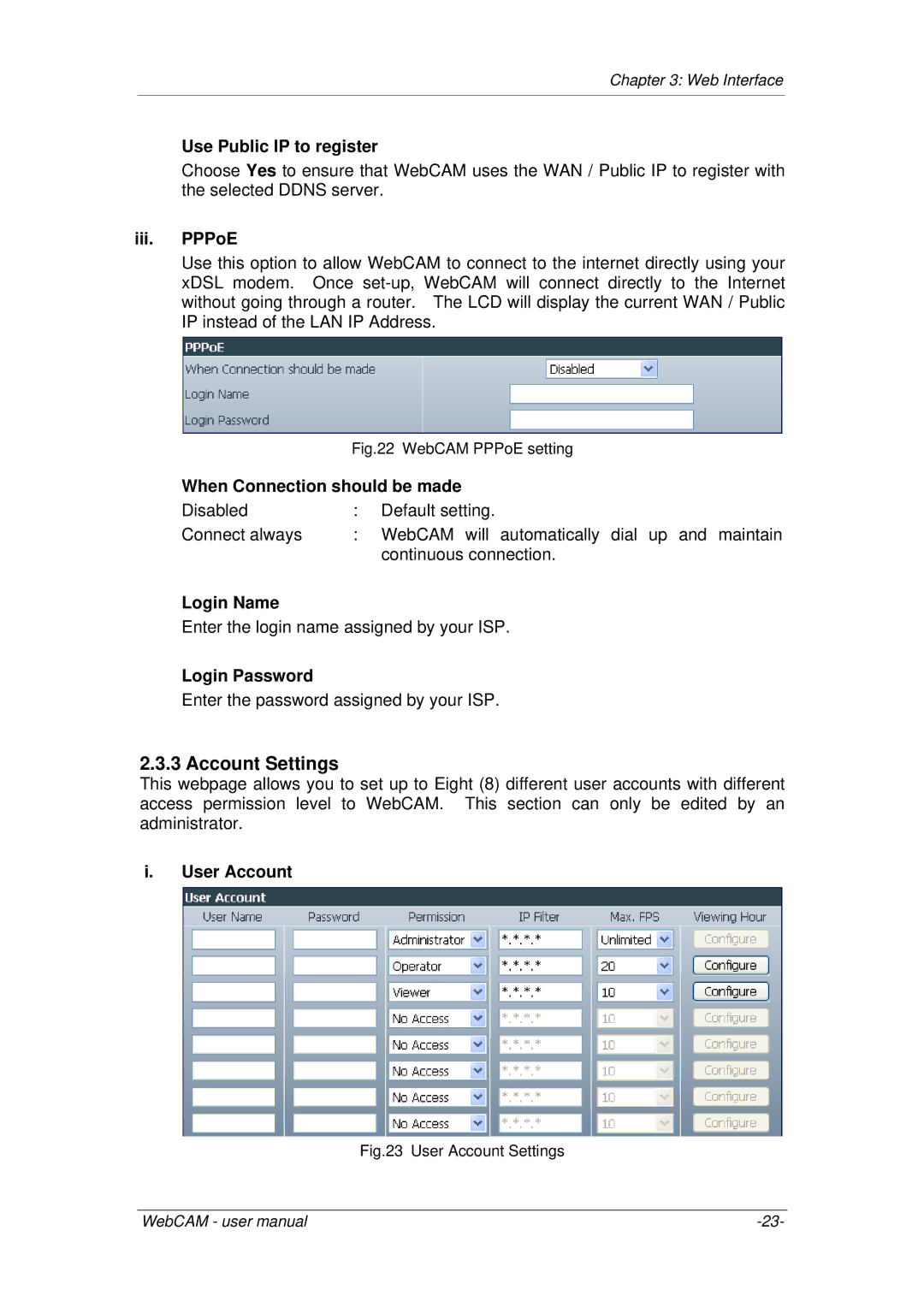 3Com iCV-03a, iCV-08 Account Settings, Use Public IP to register, Iii. PPPoE, When Connection should be made, User Account 