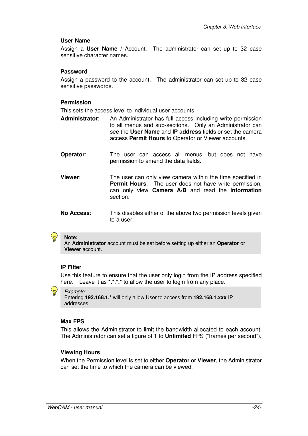 3Com iCV-01a, iCV-08, iCV-03a user manual User Name, Password, Permission, IP Filter, Max FPS, Viewing Hours 