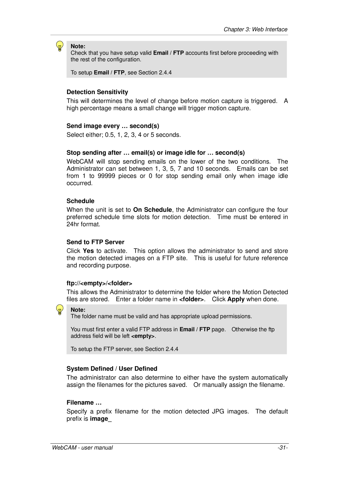 3Com iCV-08 Detection Sensitivity, Send image every … seconds, Stop sending after … emails or image idle for … seconds 