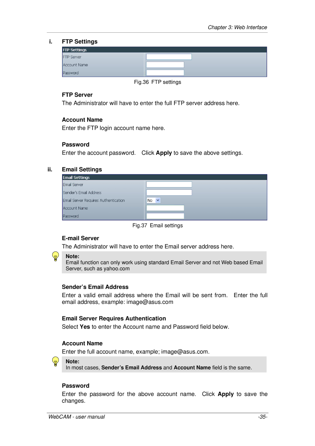 3Com iCV-03a, iCV-01a FTP Settings, FTP Server, Account Name, Ii. Email Settings, Mail Server, Sender’s Email Address 