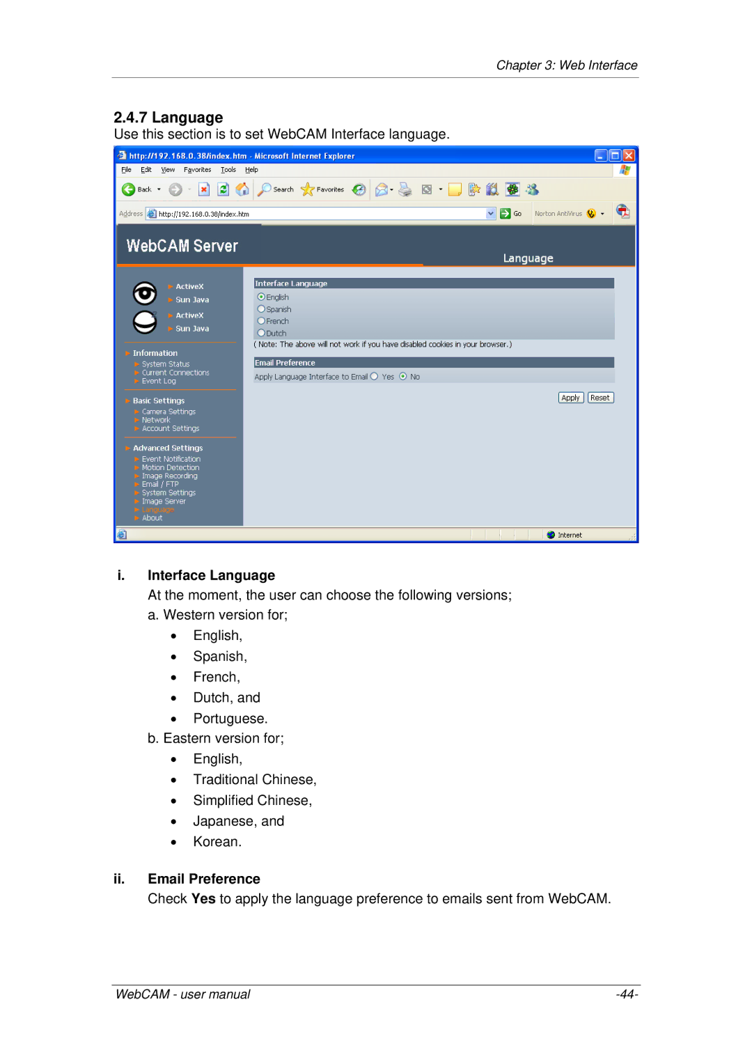 3Com iCV-03a, iCV-01a, iCV-08 user manual Interface Language, Ii. Email Preference 