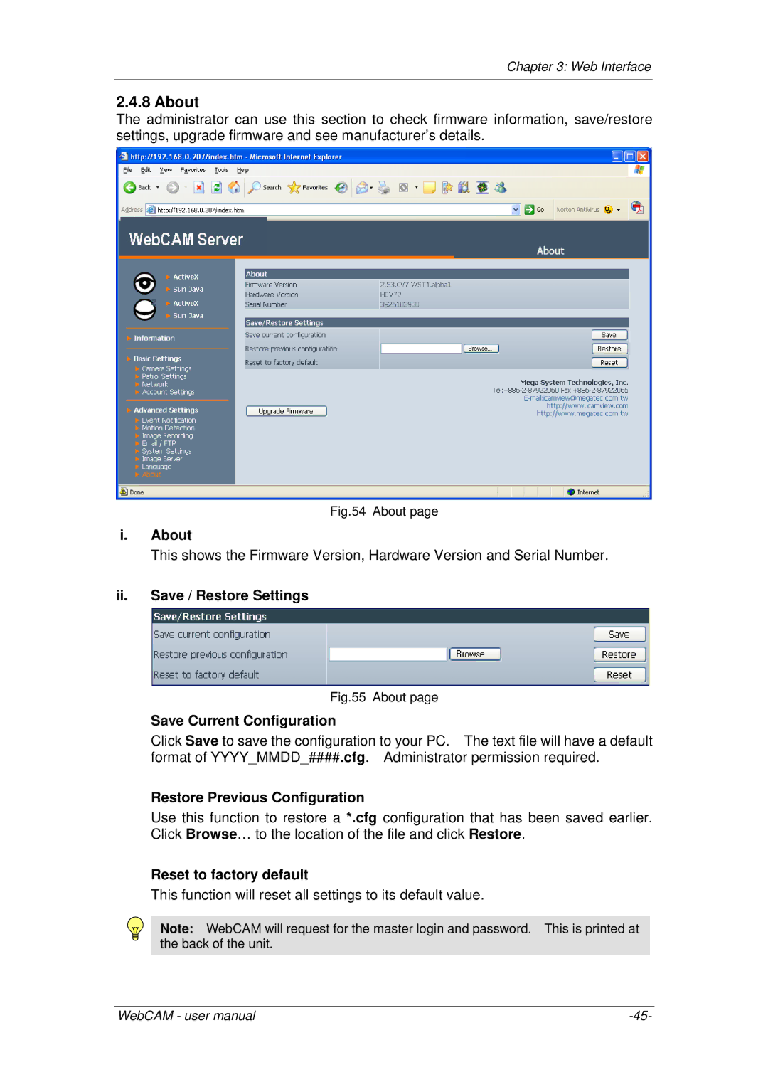 3Com iCV-01a, iCV-08 About, Ii. Save / Restore Settings, Save Current Configuration, Restore Previous Configuration 