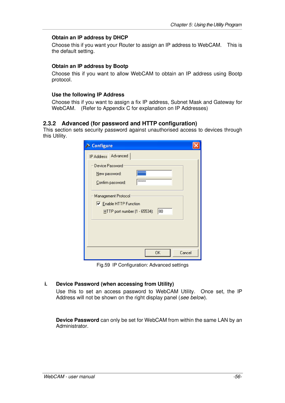 3Com iCV-03a, iCV-01a, iCV-08 Advanced for password and Http configuration, Device Password when accessing from Utility 