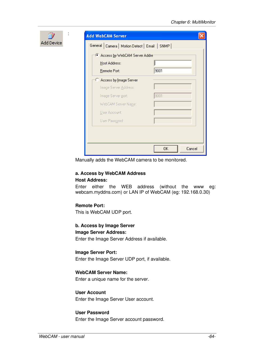 3Com iCV-08 Access by WebCAM Address Host Address Remote Port, Access by Image Server Image Server Address, User Password 