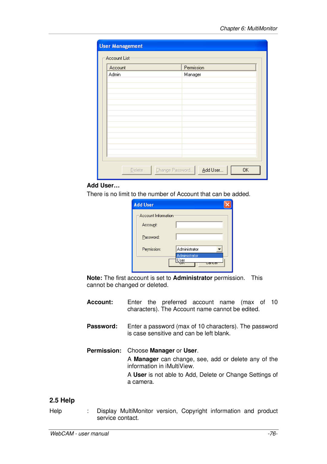 3Com iCV-08, iCV-01a, iCV-03a user manual Help, Add User…, Permission Choose Manager or User 