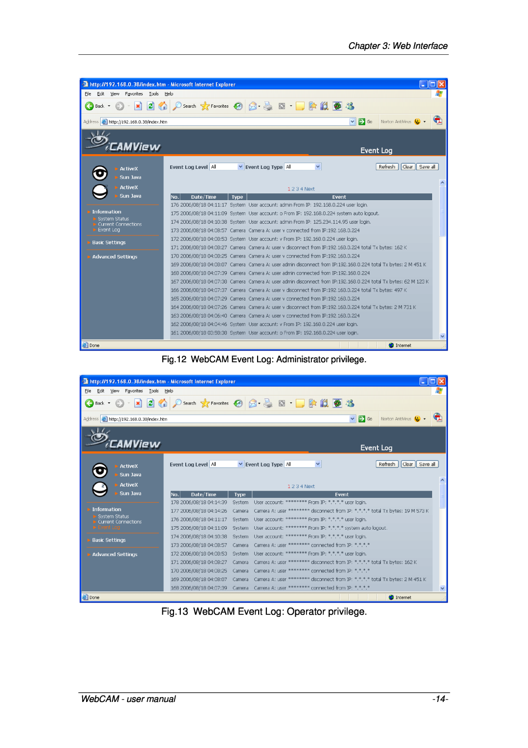 3Com iCV-03a, iCV-01a, iCV-08 WebCAM Event Log Operator privilege, Web Interface, WebCAM Event Log Administrator privilege 