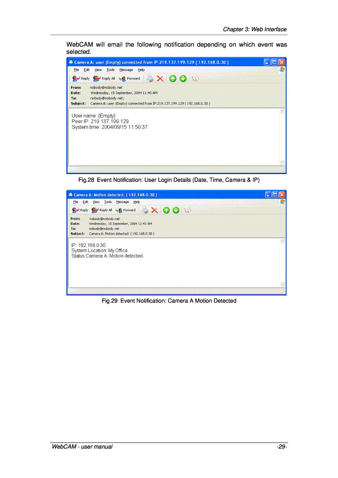 3Com iCV-03a, iCV-01a Web Interface, Event Notification User Login Details Date, Time, Camera & IP, WebCAM - user manual 